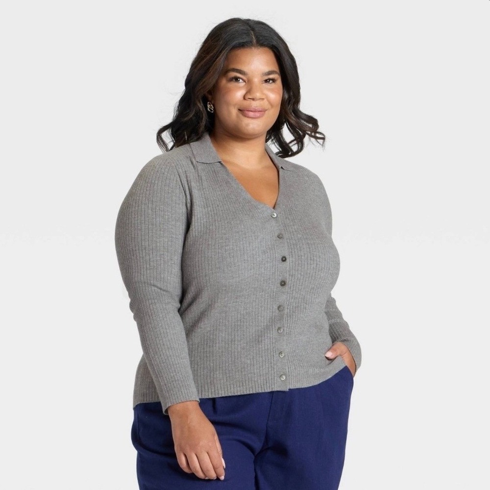 A New Day Womens 4X Heather Gray Ribbed Button Front Polo Cardigan Sweater